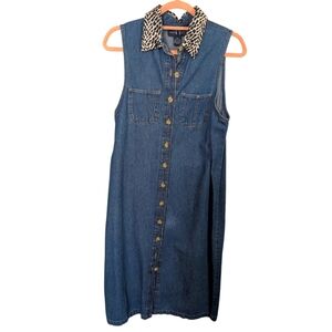 Vintage Original TY Wear Denim Maxi Dress With Buttons And Leopard Collar